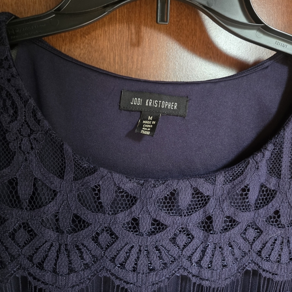 Jodi Kristopher Navy Blue Lace Long Sleeve Crew Neck Dress - Picture 3 of 5